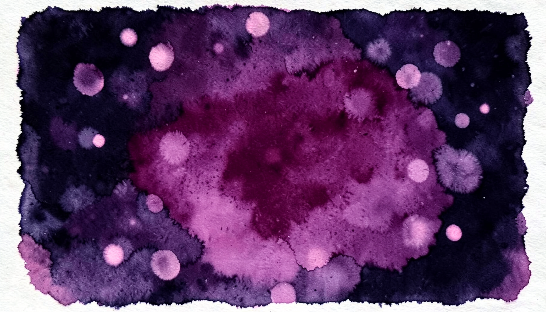 Soft watercolour wash in dusky lavender and pink tones with floating bokeh lights against a deep midnight background