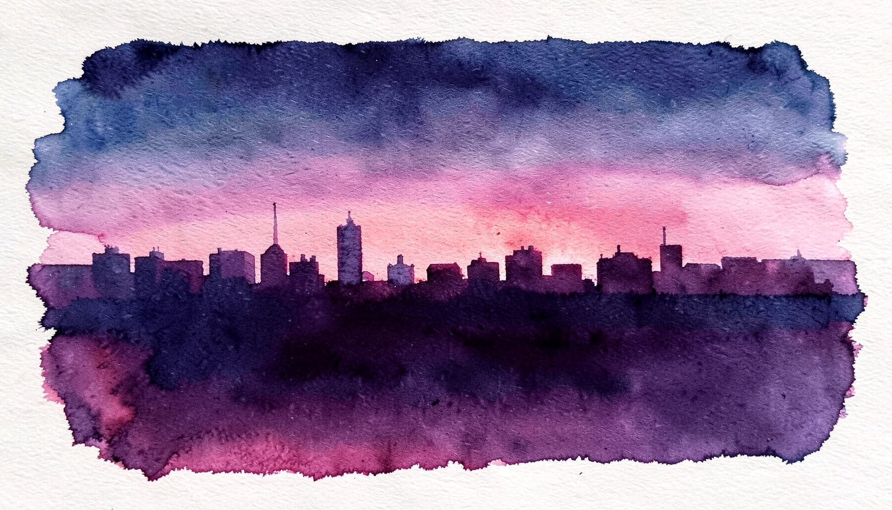 Soft watercolour wash in deep navy and plum with a glowing rose-pink horizon, suggesting a quiet city skyline at dusk